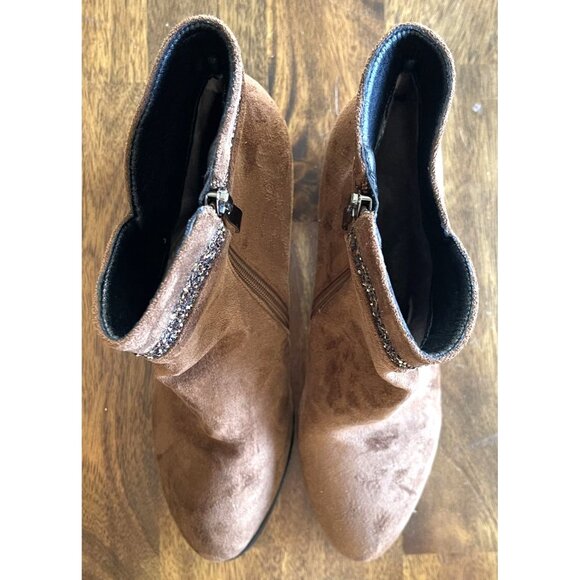 Brown Boots Womens Size 10 Suede & Glitter Ankle Boots Side Zipper & Chunky Heel - Picture 2 of 13